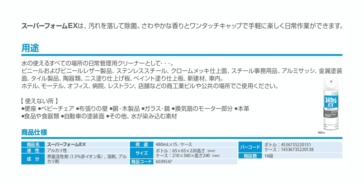 スーパーフォームＥＸ 泡スプレー洗剤、業務用、清掃、洗浄、除菌剤